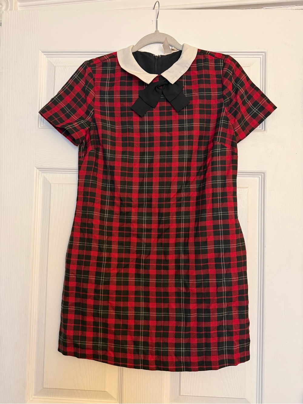 Red Plaid Mini Dress with White Collar & Black Bow